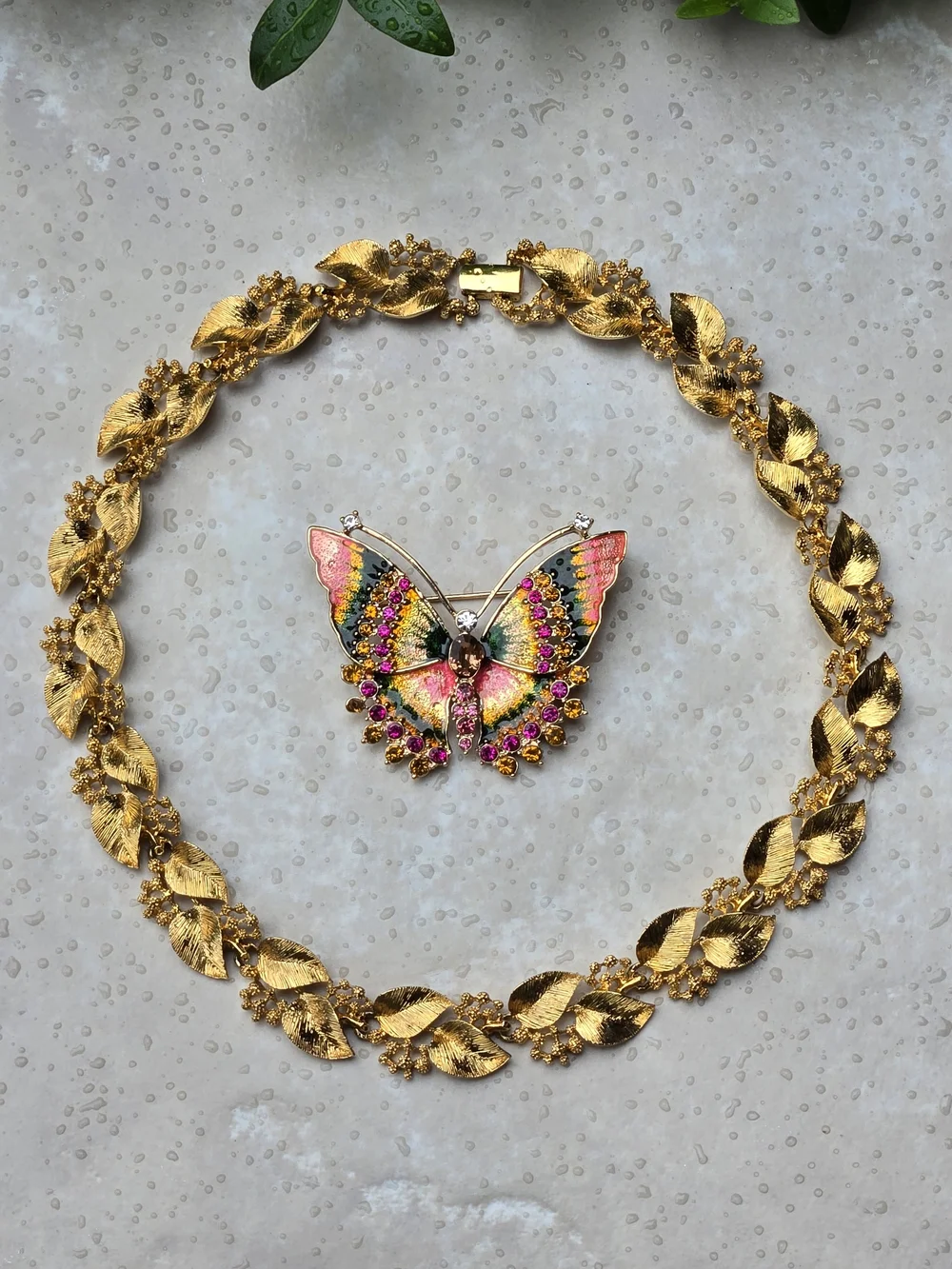 Napier Gold Floral Link Necklace Pink Green Enamel But